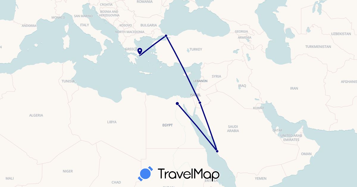 TravelMap itinerary: driving in Egypt, Greece, Jordan, Saudi Arabia, Turkey (Africa, Asia, Europe)